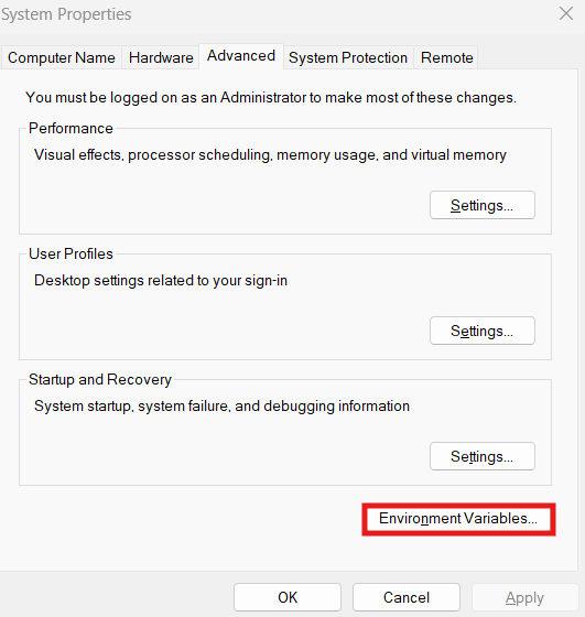 open sys env variables win